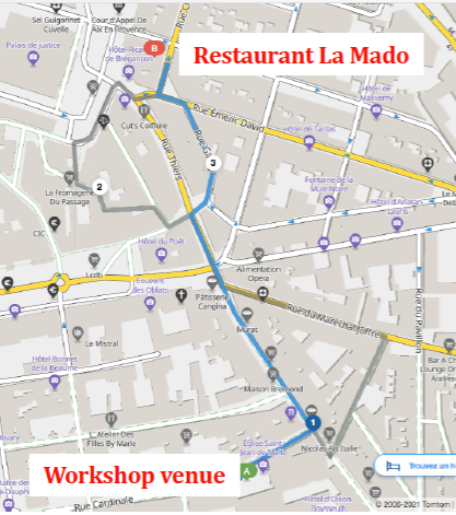 Map from workshop venue to restaurant La Mado in Aix